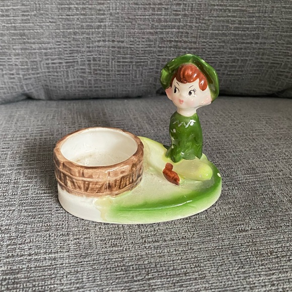 Vtg Ceramic Elf Pixie Sitting w/ Basket or Next to a Well Figurine Candle Holder